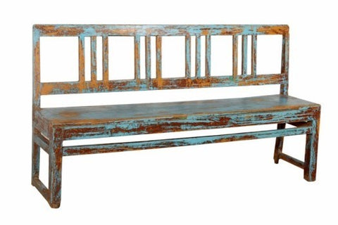 Antique Original Blue Distressed Wooden Bench Seat - Farmhouse Shabby Chic