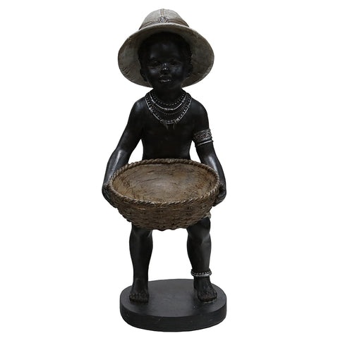 African Boy With Basket Bowl Cultural Decorative Showpiece Ornament