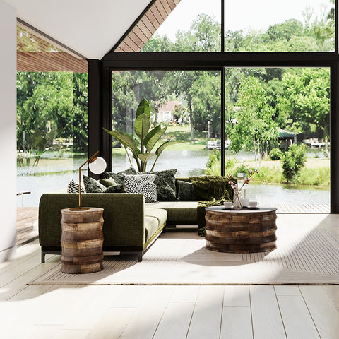 Walnut Wooden Drum Coffee Table - Artistic Modern Geometric