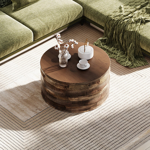 Walnut Wooden Drum Coffee Table - Artistic Modern Geometric