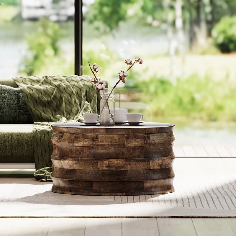 Walnut Wooden Drum Coffee Table Artistic Modern Geometric Home of Temptations Interior Design Furniture Decor Gifts