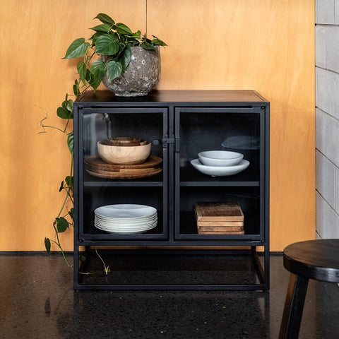 Carson Industrial Chic Metal & Glass Display Cabinet Sideboard Shelving Storage Unit (Shorter)