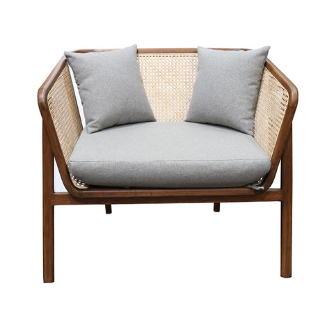 Torana Oak & Rattan Cane Designer Armchair / Occasional Chair - Vintage Grey