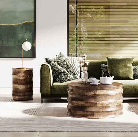 Walnut Wooden Drum Coffee Table - Artistic Modern Geometric