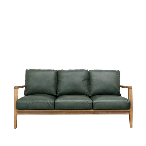 Reid Green Leather & Natural Wood Frame Three Seater Sofa / Lounge - Contemporary Elegance