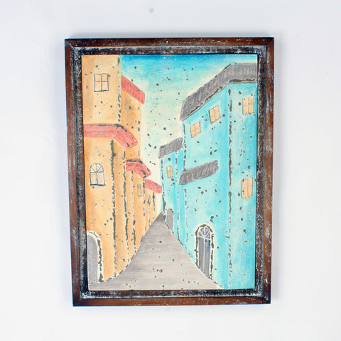 Blue Street Scene Metal With Shabby Chic Wooden Frame Wall Art Hanging