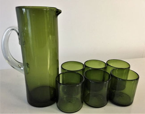 Olive Green Handblown Jug & Glasses Set - Solid Mexican Glass