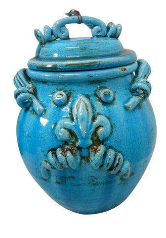 Turquoise Fleur De Lys Ceramic Jar With Lid - Beautifully Ornate