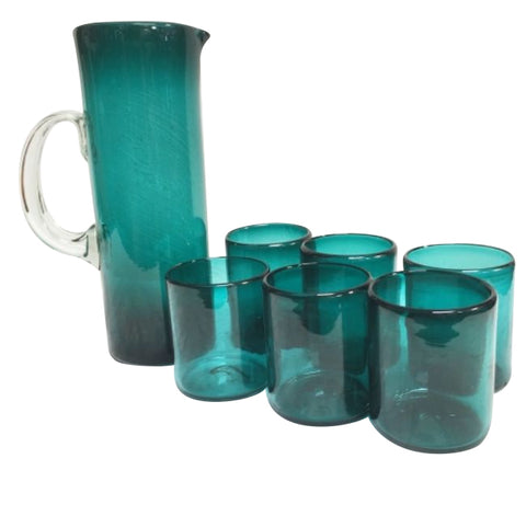 Teal Handblown Jug & Glasses Water Set - Solid Mexican Glass