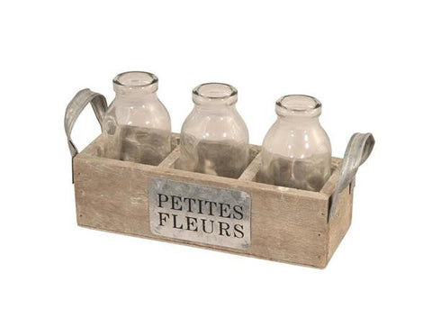 Petites Fleurs Bottles Sitting In A Wood Tray -Decorative Chic for BBQs / Pot Pourri