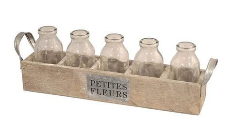 Five Petites Fleurs Bottles Sitting In A Wood Tray -Decorative Chic for BBQs / Pot Pourri