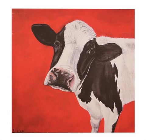 Retro Red Curious Moo Cow Art Print On Canvas Frame