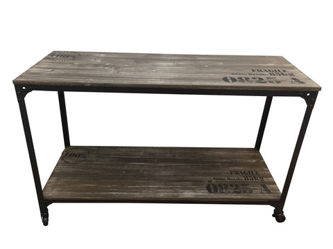 IRON RUSTIC WOOD HALL TABLE WITH CASTOR WHEELS - INDUSTRIAL CHIC