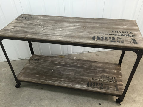 IRON RUSTIC WOOD HALL TABLE WITH CASTOR WHEELS - INDUSTRIAL CHIC
