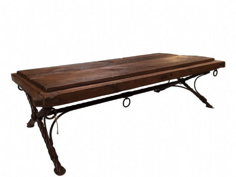 Reclaimed Rustic Wood Gate Table Top Coffee Table With Hand Forged Iron Footing