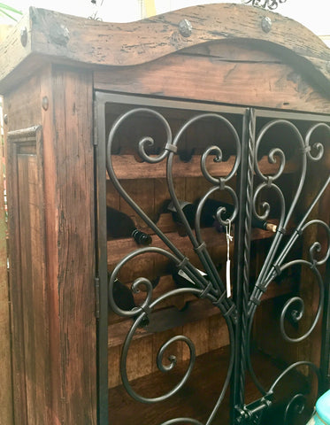 Armoire Bar Wine Rack With Serville Doors Hand Forged Iron & Rustic Wood