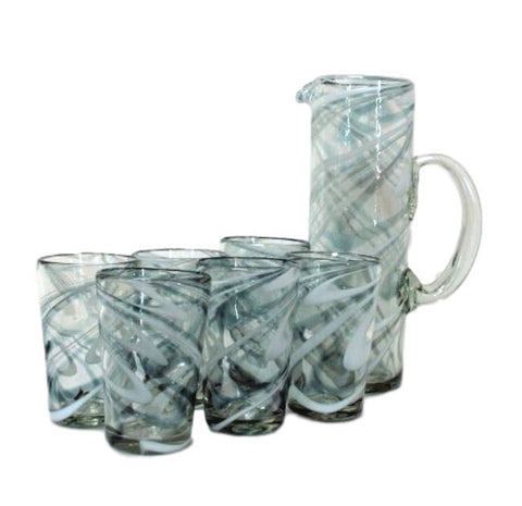 Grey/White Swirls Handblown Jug & Glasses Water Set - Solid Mexican Glass