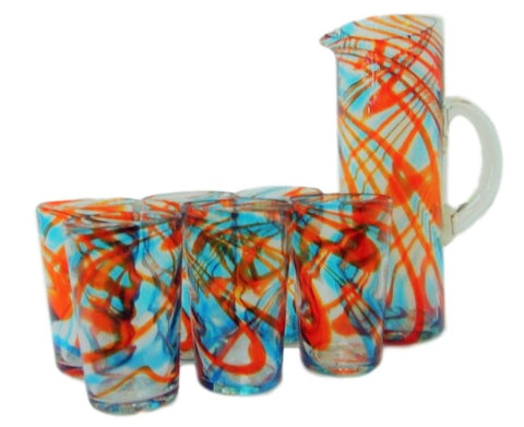 Turquoise/Tangerine Swirls Handblown Jug & Glasses Water Set - Solid Mexican Glass