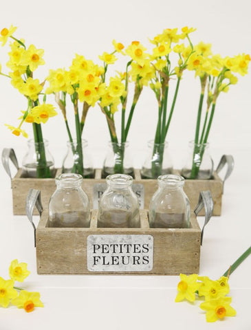 Petites Fleurs Bottles Sitting In A Wood Tray -Decorative Chic for BBQs / Pot Pourri