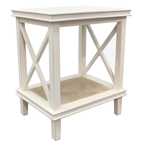 Ivory Kelvin Wood & Woven Rattan Bedside Table / Side Table - French Country Chic