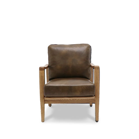 Brown Leather & Natural Wood Frame Reid Contemporary Elegance Sofa / Lounge Armchair