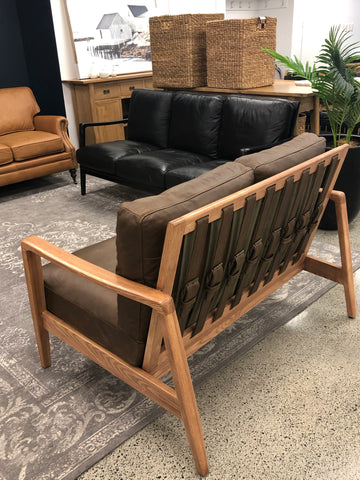 Tan Leather & Natural Wood Frame Contemporary Elegance Reid Three Seater Sofa / Lounge