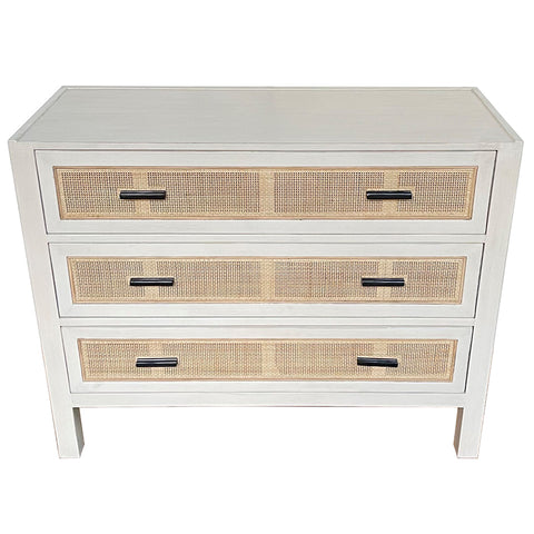 Lumsden Ivory Wood & Woven Rattan Commode / Bedside Table - Three Drawer