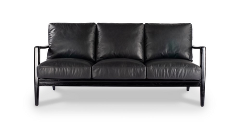 Reid Black Leather & Black Wood Frame Three Seater Sofa / Lounge - Contemporary Luxury