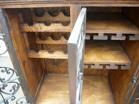 Bar Wine Rack With Serville Doors Hand Forged Iron & Rustic Wood