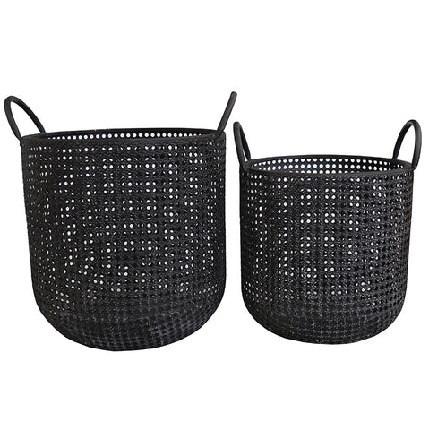 Black Weave Storage Baskets With Iron Handles - Kitchen, Office, Bathroom or Lounge