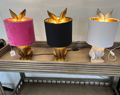 Adorable & Quirky Gold Rabbit Bunny Table Lamp Pink Shade