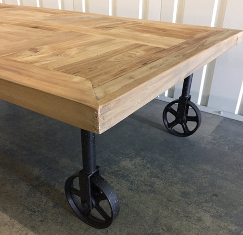 Industrial Chic Wood Coffee Table With Industrial Wheels