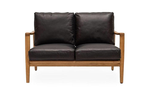 Contemporary Elegance Reid Black Leather & Natural Wood Frame Two Seater Sofa / Lounge