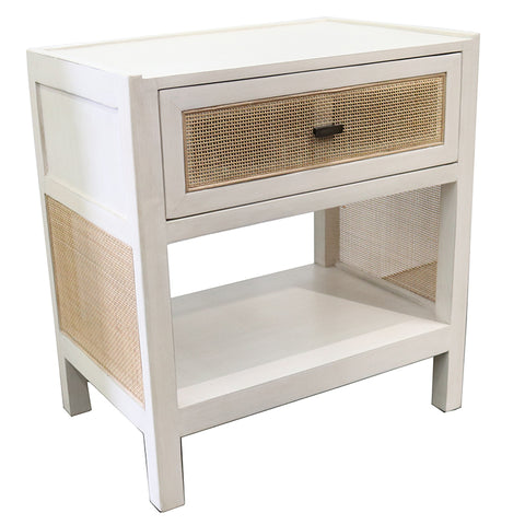 Lumsden Ivory Wood & Woven Rattan Bedside Table / Side Table - French Country Chic