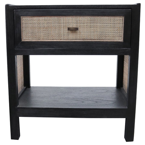 Lumsden Black Wood & Woven Rattan Bedside Table / Side Table - French Country Chic