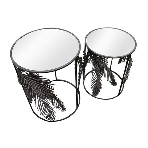Mirror & Metal Leaf Design Side Table Set