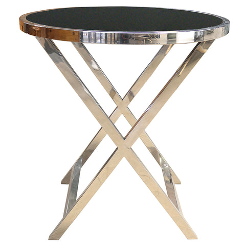 Bari Side Table Modern Black Glass & Silver Polished Stainless Steel Frame