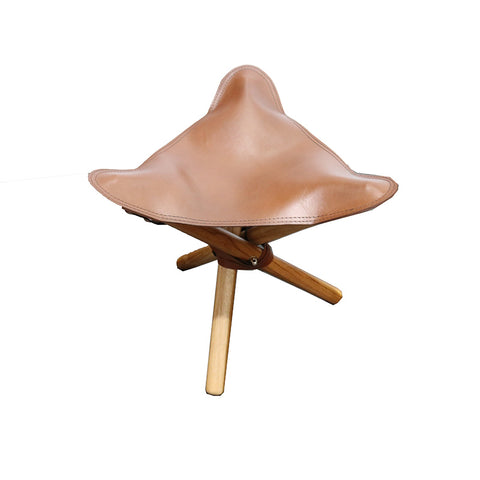 Chocolate Leather & Teak Wood Pellini Foldup Stool - Modern Chic
