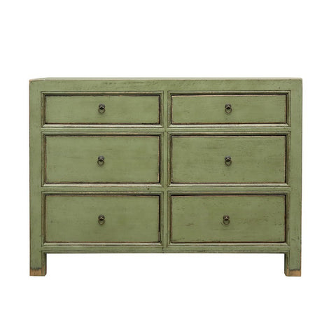 Distressed Green Oriental 6 Drawer Dresser / Commode