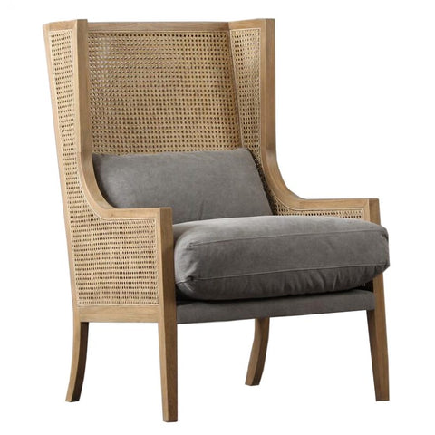 Exquisite Grand Luxury Mason Oak, Rattan & Linen Lounge Chair Armchair - Dark Grey
