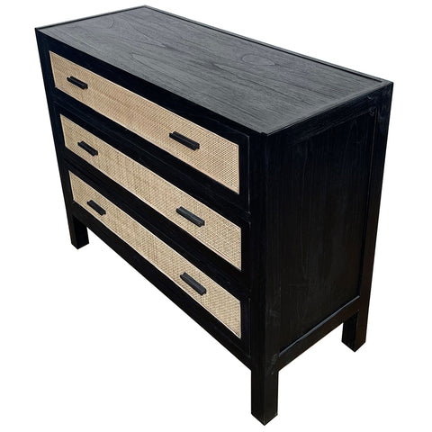 Lumsden Black Wood & Woven Rattan Commode / Bedside Table - Three Drawer