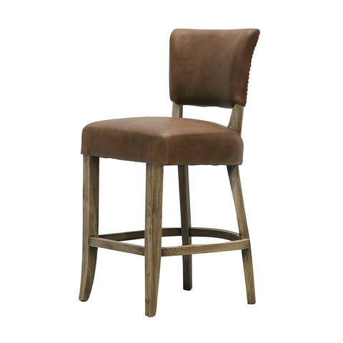 Modern Luxury Crane Oak & Brown Italian Leather Studded Barstool Bar Stool