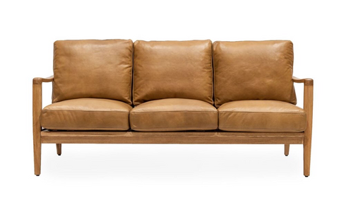 Tan Leather & Natural Wood Frame Contemporary Elegance Reid Three Seater Sofa / Lounge