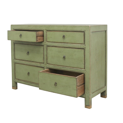 Distressed Green Oriental 6 Drawer Dresser / Commode