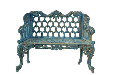 French Blue Rustic Ornate Iron Antique Original Wooden Bench Seat
