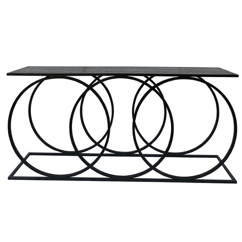 Circle Iron & Black Oak Wood Abstract Geometric Console Table