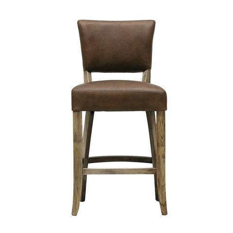 Modern Luxury Crane Oak & Brown Italian Leather Studded Barstool Bar Stool