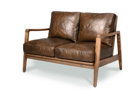 Brown Leather & Natural Wood Frame Contemporary Elegance Reid Two Seater Sofa / Lounge