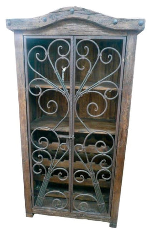 Armoire Bar Wine Rack With Serville Doors Hand Forged Iron & Rustic Wood