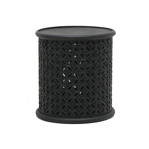 Bamileke Aged Black Mango Wood Side Table With Carved Lattice Detailing